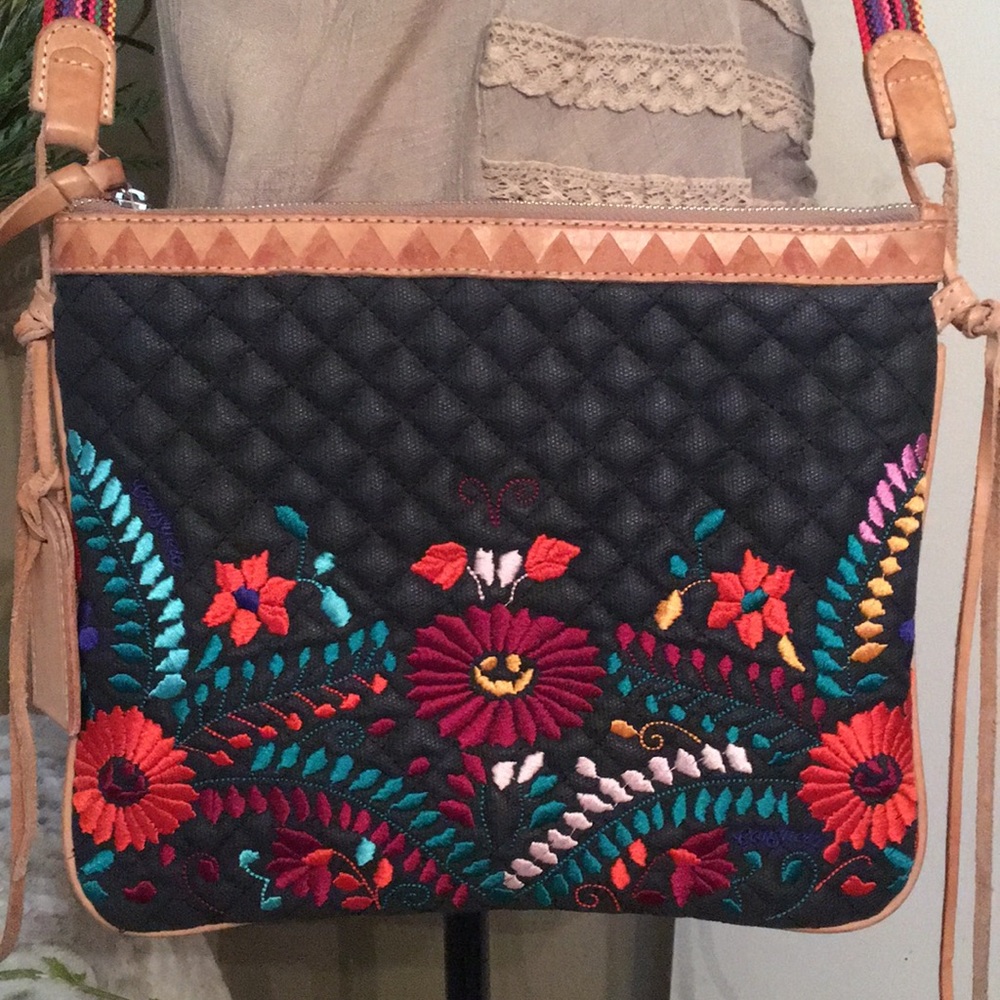 Embroidered Black Crossbody Bag with Multicolor Floral Design